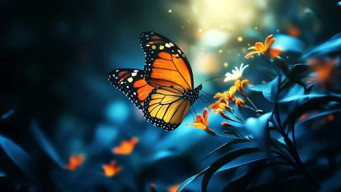 Monarch butterfly hovers in luminous teal bokeh garden.