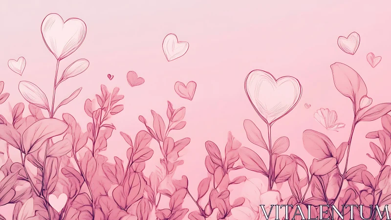 Pink botanical illustration with heart-shaped flower elements and layered foliage compositions.