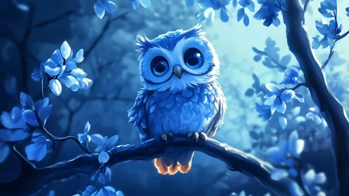 Adorable cartoon owl with big eyes on a glowing blue branch at night.