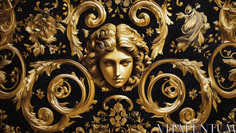 Baroque gold relief portrait emerges from ornate scrollwork