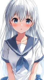 Anime student portrait in blue sailor uniform on white ground.