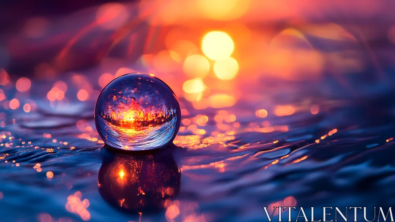 Glass sphere reflecting fiery bokeh over liquid surface.