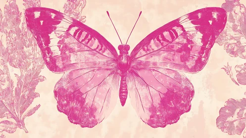 Pink butterfly illustration on textured floral background.