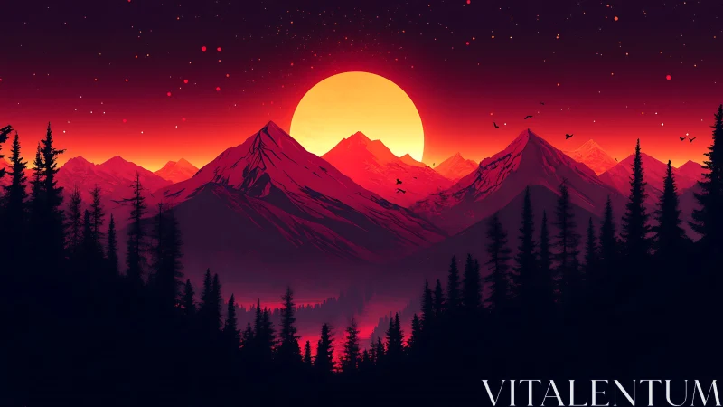 Crimson sun descends behind stylized mountain wilderness