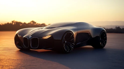 Black BMW concept car sits on open pavement at sunset