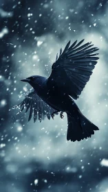 Black Bird Flying Through Winter Snow Storm