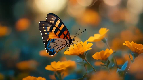 Butterfly negotiates petals like sunset-colored stepping stones