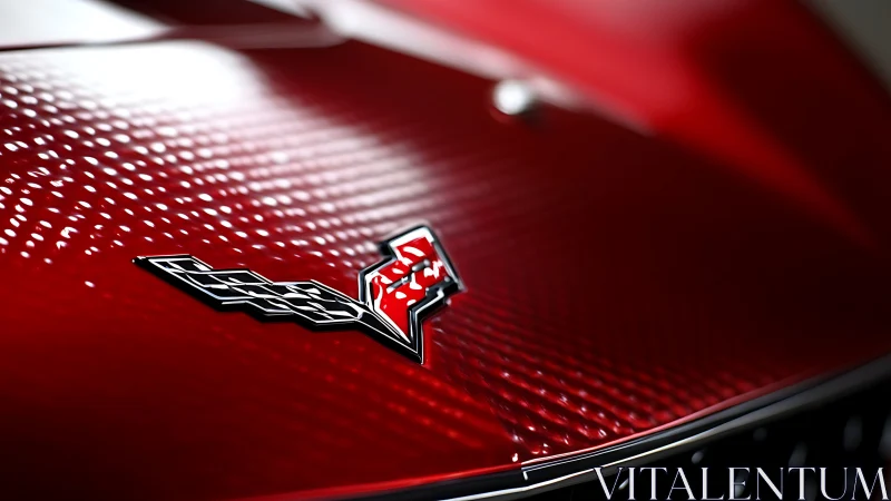 Macro study of red Corvette hood badge and reflective paintwork.