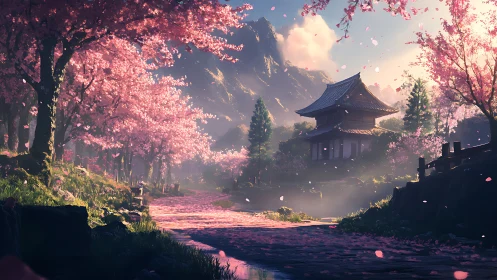 Cherry blossoms whisper toward a hidden mountain temple