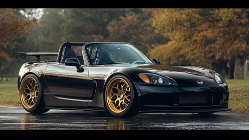 Glossy black roadster resting beneath soft autumn trees.
