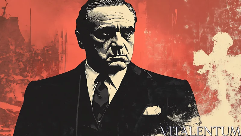 Stoic suited man in graphic portrait against red field.