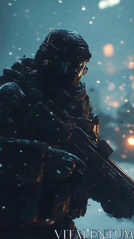 Winter soldier in glowing snowstorm vigil at dusk.