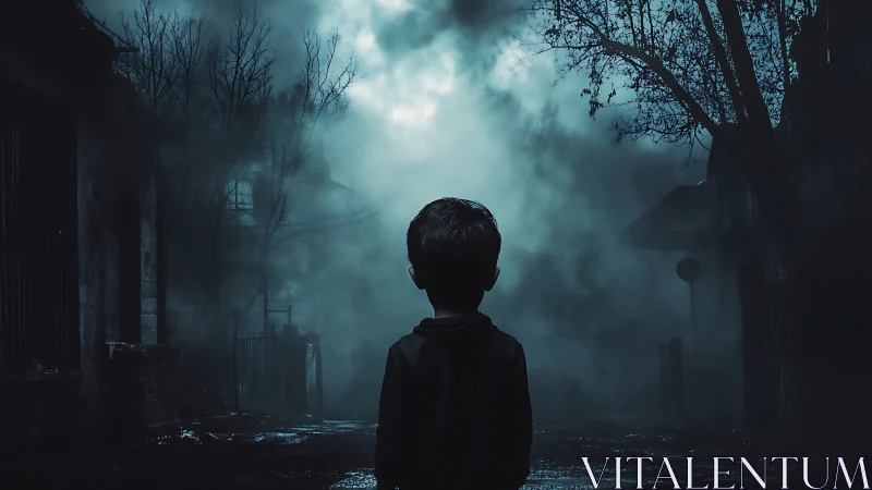 Silhouetted child stands in foggy night street under trees