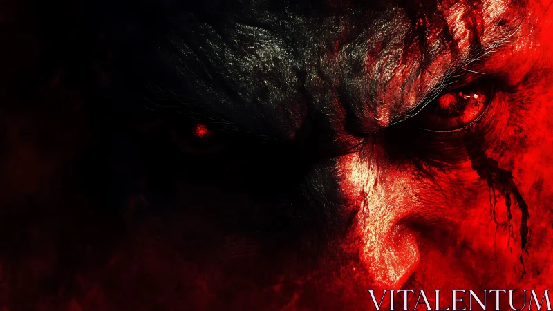 High-contrast demonic visage in saturated red chromatic field.