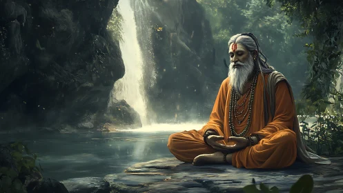 Meditating sage sits cross legged beside waterfall in forest