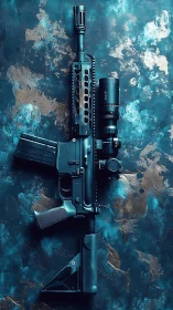 Modern tactical rifle rests on textured teal background.