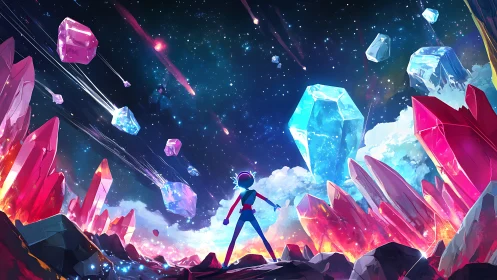 Brave space explorer welcomes a sky of glowing cosmic crystals