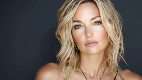 Blonde woman portrait under soft studio beauty lighting.