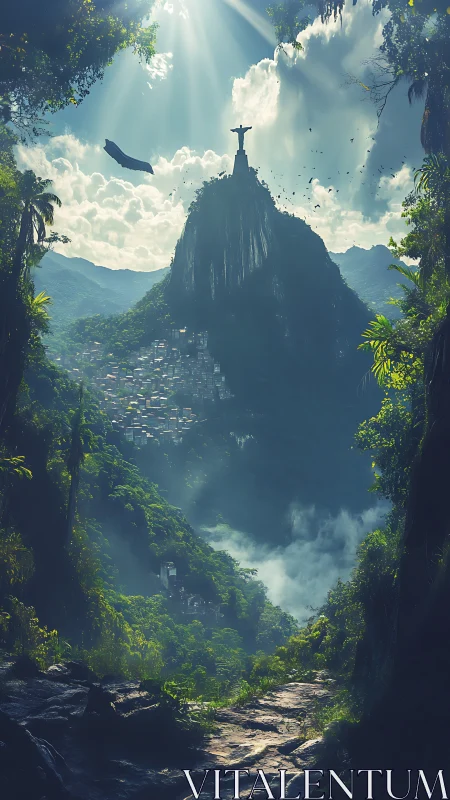 Sunlit mountain statue overlooks dense forested valley basin