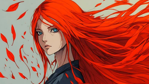 Fiery red haired heroine in dynamic wind swept portrait.