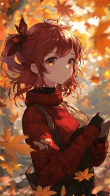 Autumn-haired girl in falling maple leaves smiles softly.