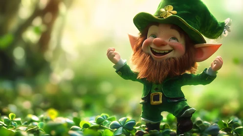 Joyful leprechaun dances through glowing clover field.