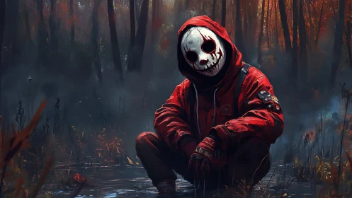 Masked wanderer pausing in a misty red autumn forest.