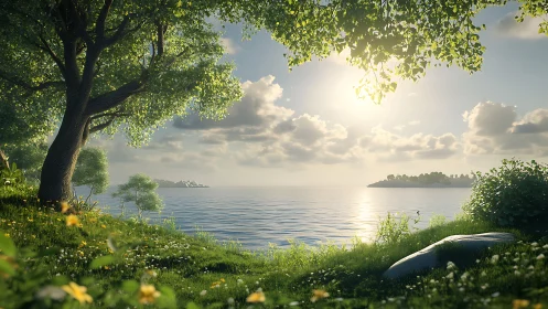 Photorealistic lakeside grove with luminous backlit foliage.