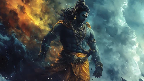 Majestic warrior strides through swirling stormy skies.