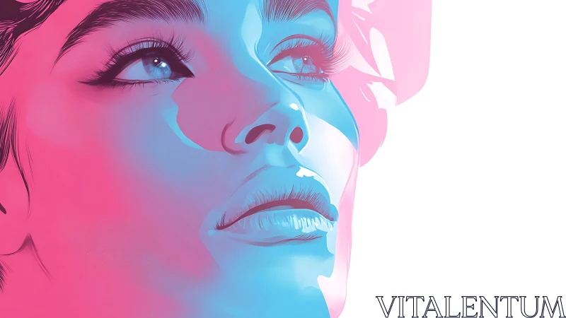 Neon-lit female portrait gazes upward in bold duotone