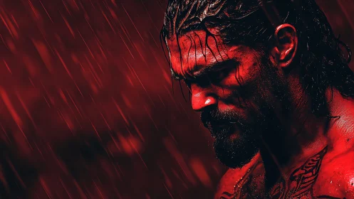 Digital painting portrait in crimson rain with dramatic chiaroscuro.