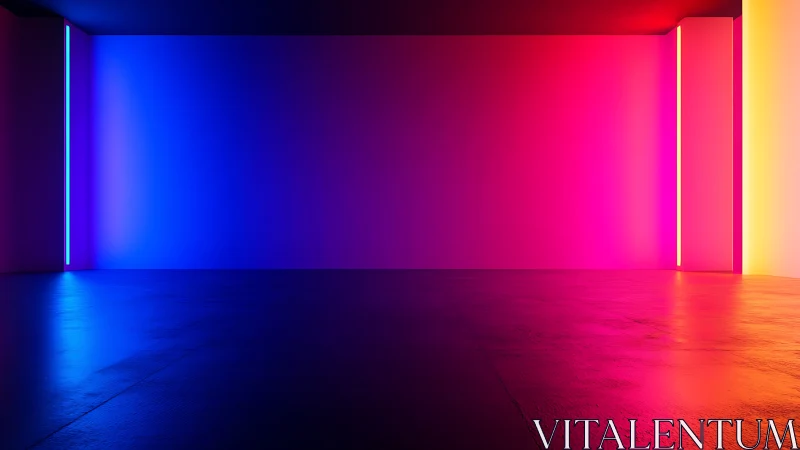 Glowing neon room blending soothing blue, pink, and gold light.