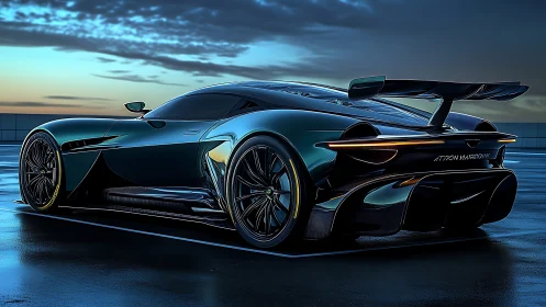Sleek hypercar glows on wet rooftop under moody dusk sky