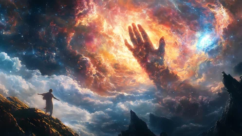 Vast celestial hand emerging above lone summit wanderer.