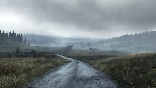Empty wet country road under heavy gray overcast sky.