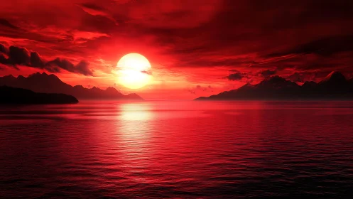 Crimson sun descending over reflective mountain seascape.