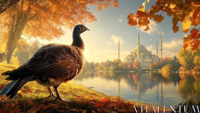 Turkey by lakeside mosque in calm autumn landscape.