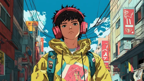 Urban teen listens to music while walking through city street