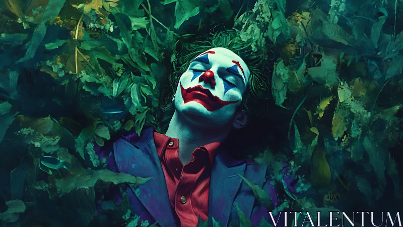 Clown-faced figure reclines in painterly emerald foliage.