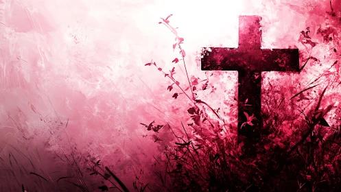 Dark cross silhouette amid red foliage and textured sky.