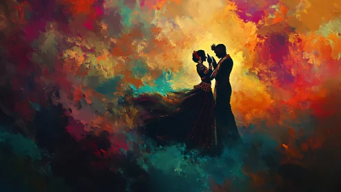 Silhouetted Couple Embracing Within Chromatic Abstraction.
