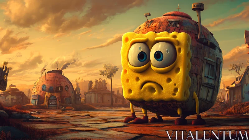 Melancholy sponge roams a rusted cartoon wasteland at dusk