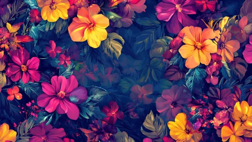 Vibrant Floral Composition with Dark Background.