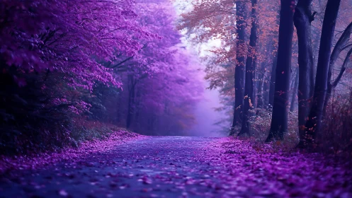 Purple forest road with misty background and dense trees.