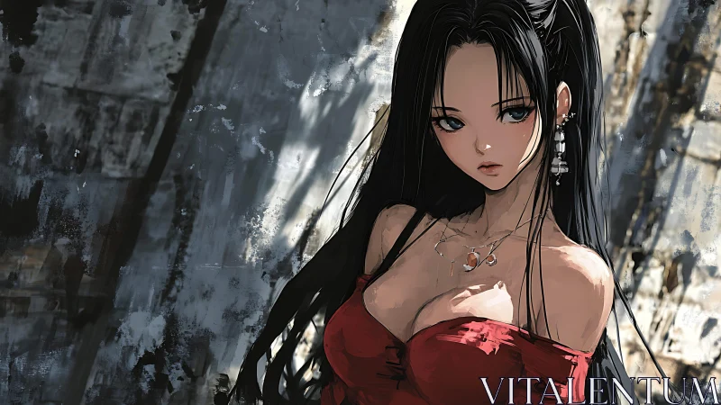 Raven haired anime muse smolders in weathered city light.