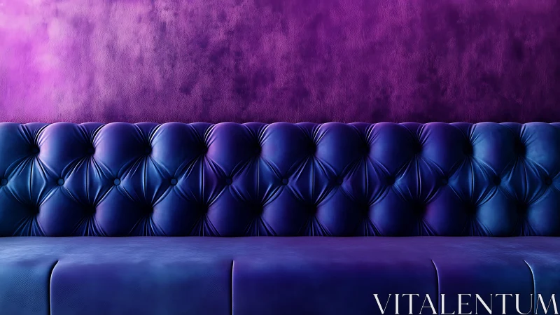 Velvet nebula wall behind midnight indigo tufted sofa glow.