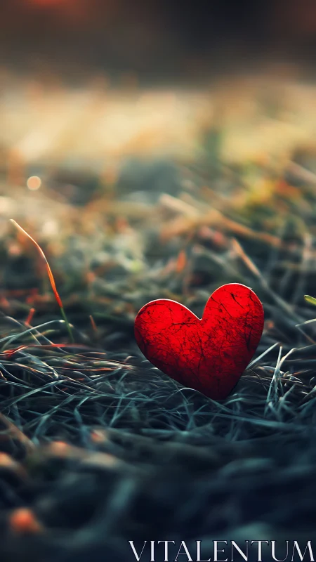 Red Heart Among Grass, Subtle Bokeh.