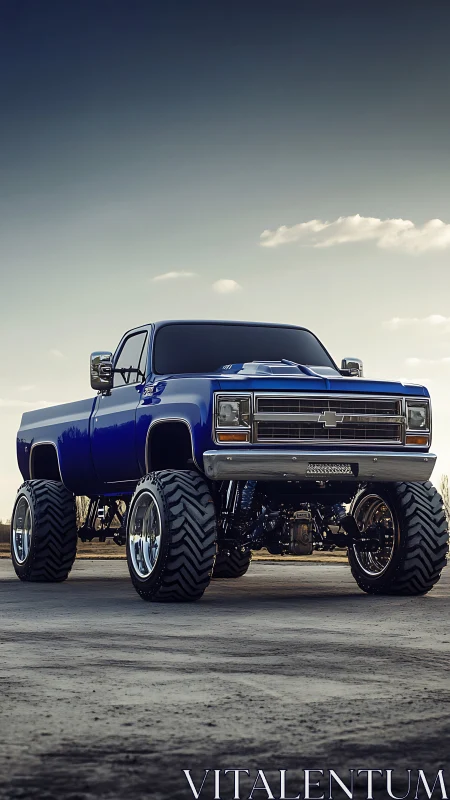 Lifted classic blue pickup dominates low-angle rural horizon