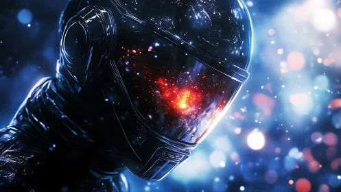 Cosmic nebula reflected in sleek astronaut visor under bokeh glow