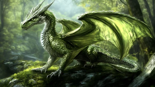Gentle emerald dragon resting in sunlit forest glade.